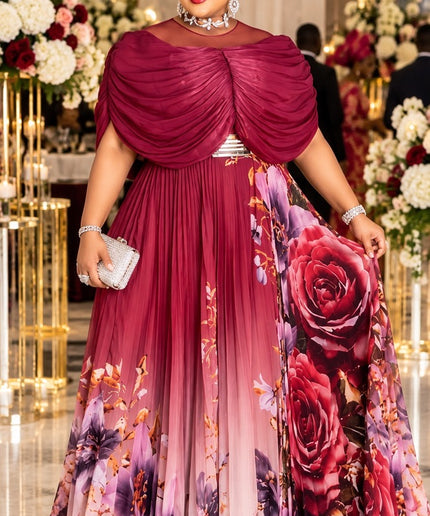 Burgundy Off-The-Shoulder Floral Pleated Maxi Dress for Wedding Guest Mother of The Bride Church Dinner