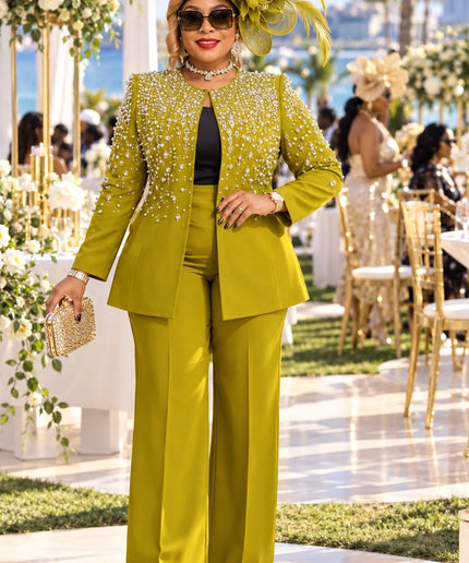 Classy White Rhinestone Embellished Suit 3-Piece Wide-Leg Pant Set, Jacket Pants Camisole: Formal Wedding Guest Holiday Cocktail Party Church Reception Anniversary Mother of The Bride