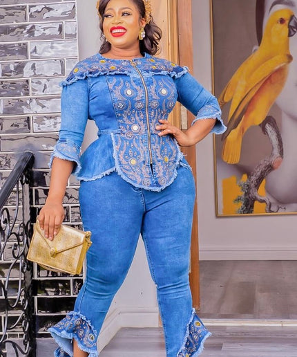 Denim and Diamonds Ruffle Top & Pants Curvy Stretch Jeans Birthday Party Concert Ladies Night Date