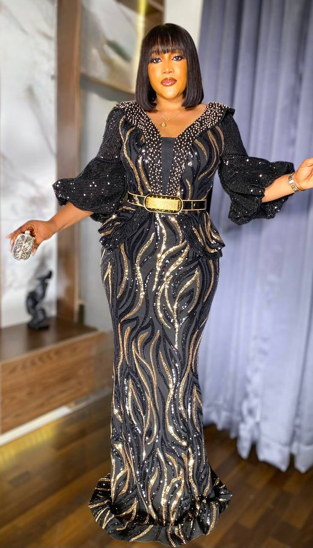 Black & Gold Sequin Embellished Peplum Mermaid Dress, Plus Size Evening Gown