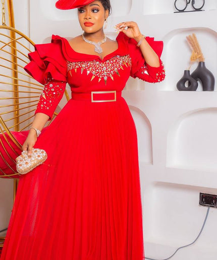 Ruffle Sleeve Embellished Pleated A-line Gown