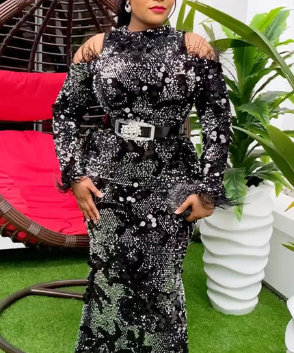 Burgundy Cold Shoulder Sequin Feathered Maxi Dress for Wedding Guest Birthday Party Engagement Ceremony