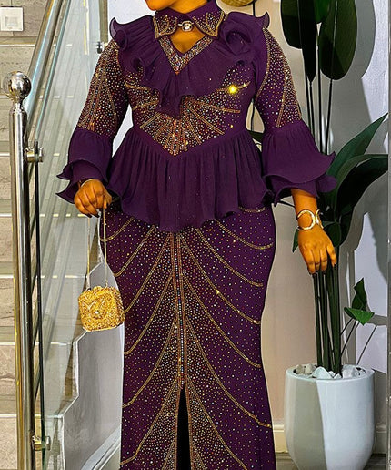 White Rhinestone Embellished Ruffle Peplum Maxi Dress: Mother of The Groom Wedding Guest Birthday Party Outfit