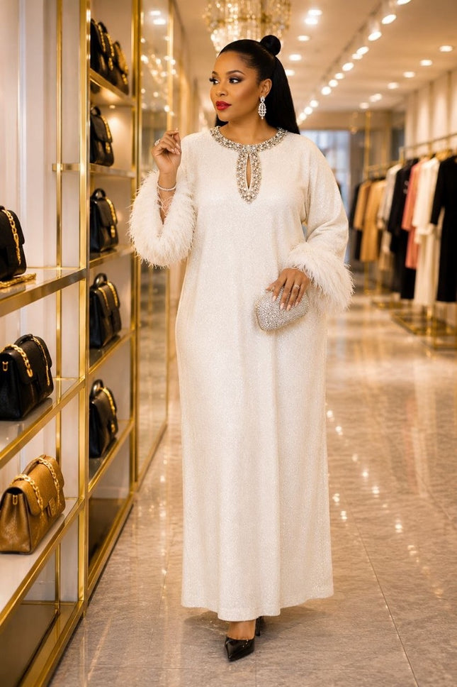Elegant White Sequin Rhinestone Neckline Feathered Maxi Dress for Wedding Guest Mother of The Bride Church Anniversary Cocktail Birthday Party Outfit
