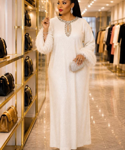 Elegant White Sequin Rhinestone Neckline Feathered Maxi Dress for Wedding Guest Mother of The Bride Church Anniversary Cocktail Birthday Party Outfit