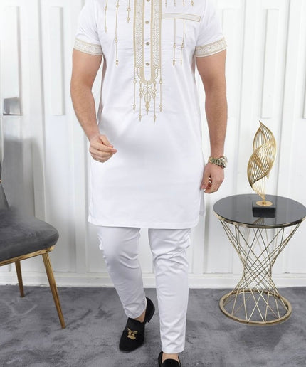 African Men's Embroidered Short Sleeve 2-Piece Set: Traditional Wedding Attire Groom Groomsmen Aso Ebi Nigerian Party Outfit Buba Sokoto