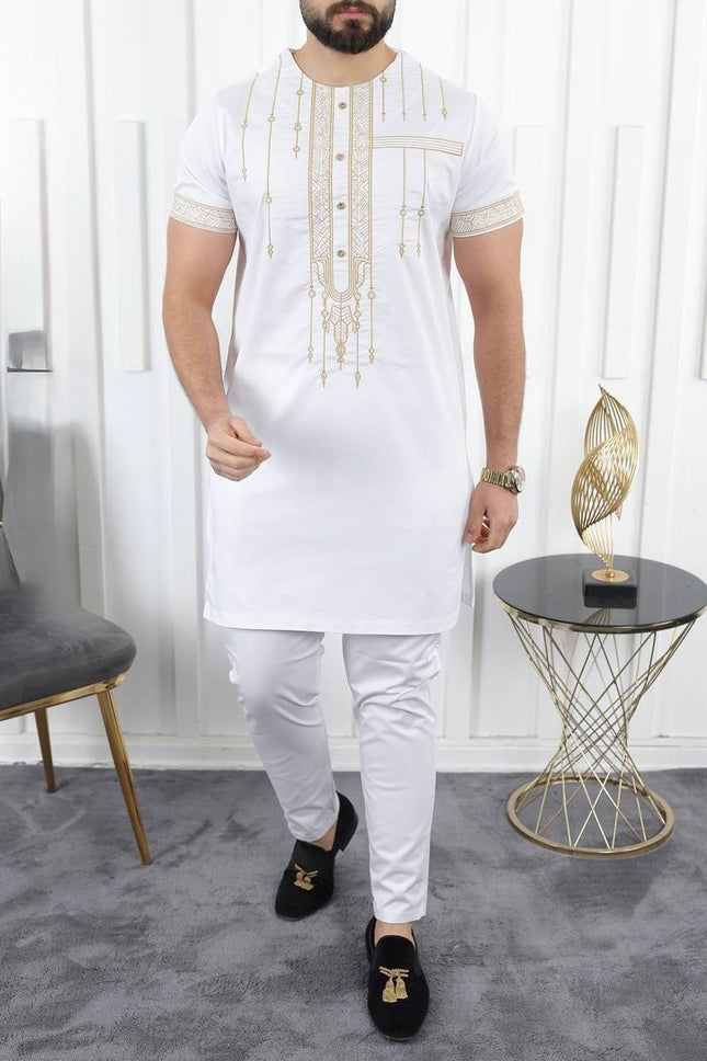 African Men's White Embroidered Short Sleeve Shirt Pants 2-Piece Set, Wedding Guests Outfit Groom Groomsmen Party Guest Attire