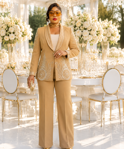 Luxury White Embellished Pant 2-Piece Suit Set Rhinestone Blazer & Wide Leg Trousers Wedding Guest Mother of the Bride Church Anniversary Graduation Special Occasion Outfit