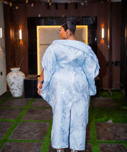 Green Off-The-Shoulder Brocade Kaftan Dress with Detachable 3D Flower