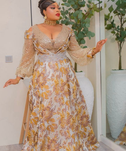 Gold Sequin Brocade A-Line Gown, Cold Shoulder Formal Evening Dress: Wedding Guest Mother of The Bride Gala Birthday