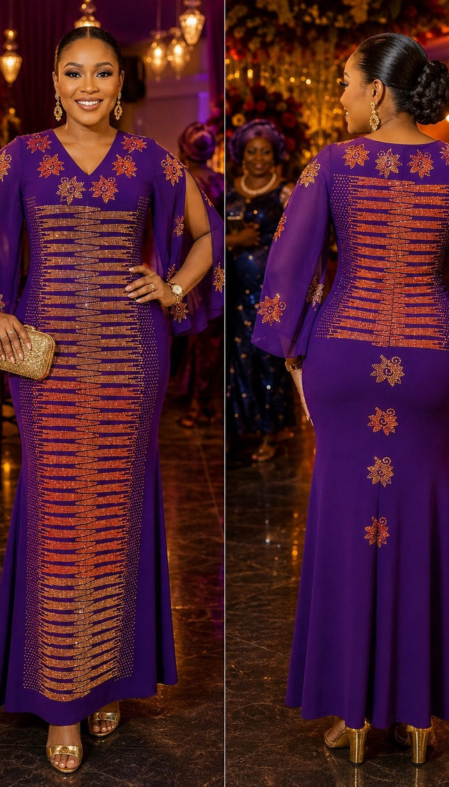 Sparkly Purple Crystal-Embellished Front & Back Split Sleeve Kaftan Dress for Wedding Guest Mother of The Bride Church Cocktail Birthday Party Outfit