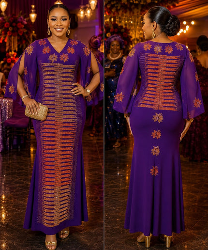 Sparkly Purple Crystal-Embellished Front & Back Split Sleeve Kaftan Dress for Wedding Guest Mother of The Bride Church Cocktail Birthday Party Outfit