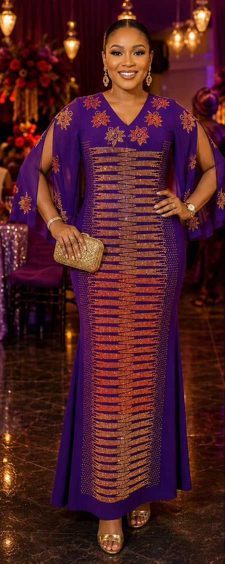 Sparkly Purple Crystal-Embellished Front & Back Split Sleeve Kaftan Dress for Wedding Guest Mother of The Bride Church Cocktail Birthday Party Outfit