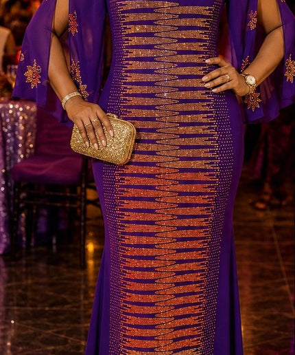 Sparkly Purple Crystal-Embellished Front & Back Split Sleeve Kaftan Dress for Wedding Guest Mother of The Bride Church Cocktail Birthday Party Outfit