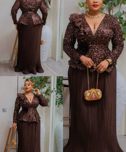 Sparkly Black Sequin Peplum Pleated Maxi Dress - Wedding Guest Mother of The Bride Dinner Cocktail