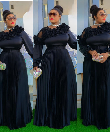 Elegant Black One-Shoulder Ruffle Pleated Twirl A-Line Dress Wedding Guest Mother of The Bride Party Outfit Formal Evening Gown