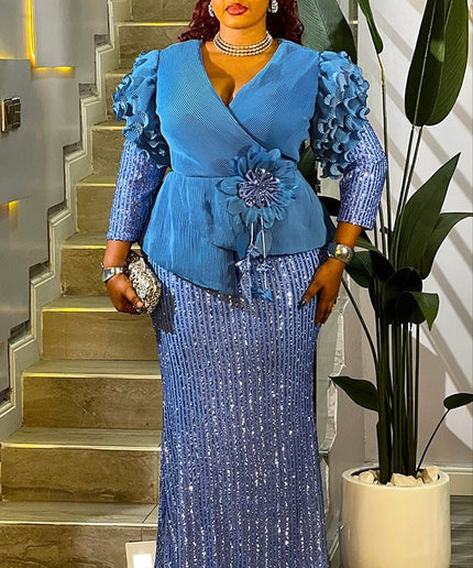 Blue Embellished Ruffle Sleeve Peplum Sequin Maxi Dress
