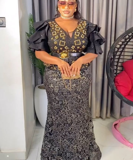 Sequin Embellished Ruffle Sleeve Peplum Maxi Dress