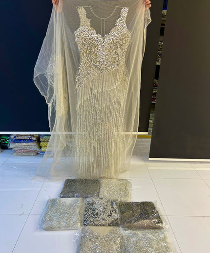 Swarovski Crystal Hand Beaded Panel Fringe Dress | Wedding Prom Birthday Celebrant Party Dressmaking