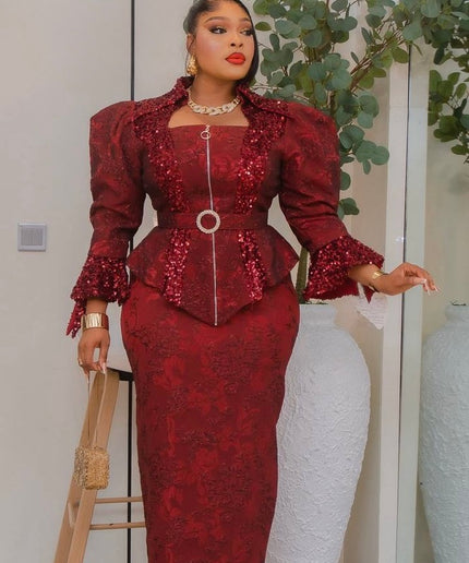 Black Brocade Dramatic Power Shoulder Sequin Top & Skirt 2-Piece Outfit, Mother of The Bride Birthday Photoshoot Gala Anniversary