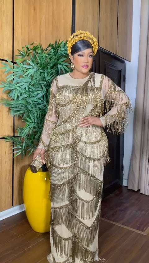 Gold Fringe Crystal Embellished Maxi Dress | Wedding Birthday Party Prom Gala