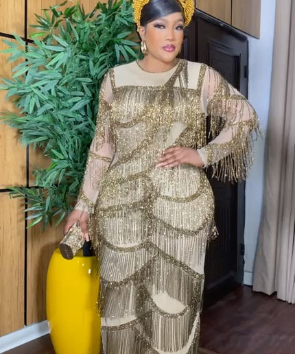 Gold Fringe Crystal Embellished Maxi Dress | Wedding Birthday Party Prom Gala