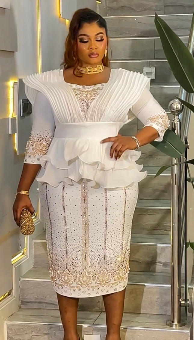 Black Dramatic Ruffle Shoulder Rhinestone-Embellished Peplum Midi Dress: Wedding Guest Cocktail Birthday Dinner