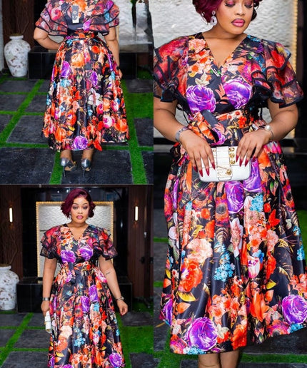 Yellow Ruffle Sleeve Floral Midi Dress - Wedding Guest Graduation Dinner Birthday Photoshoot