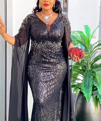 Cape Sleeve Gold Sequin Cocktail Mermaid Dress, Wedding Guest Maxi Dress, Plus Size Mother of The Bride Gown, Party Birthday Dinner Celebrant Worthy