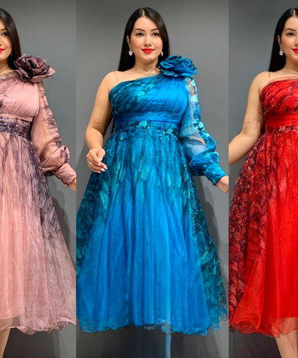 One Shoulder Gold Summer Wedding Guest Dress, Curvy Mother of The Bride A Line Dress Rosette Tea Length Twirl Midi, Plus Size Party Cocktail Gala