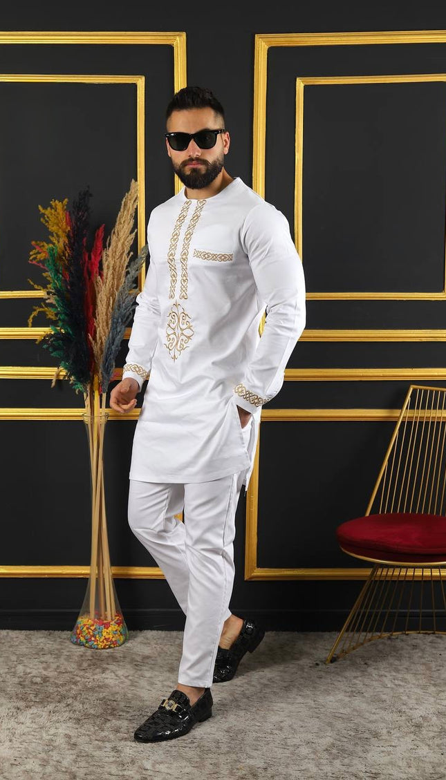 Luxury African Men’s 2 Piece Outfit, Embroidered Cotton Shirt & Pants: Wedding Attire Birthday Party Graduation