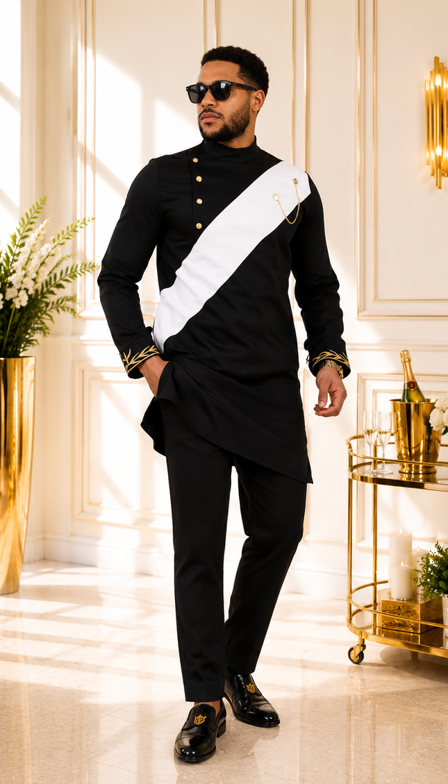 African Men's Khaki Embroidered 2-Piece Outfit, Cotton Long Sleeve Mandarin Collar Shirt & Pants: Wedding Guest Groom Groomsmen Graduation Church Anniversary Birthday Party Buba & Sokoto Attire