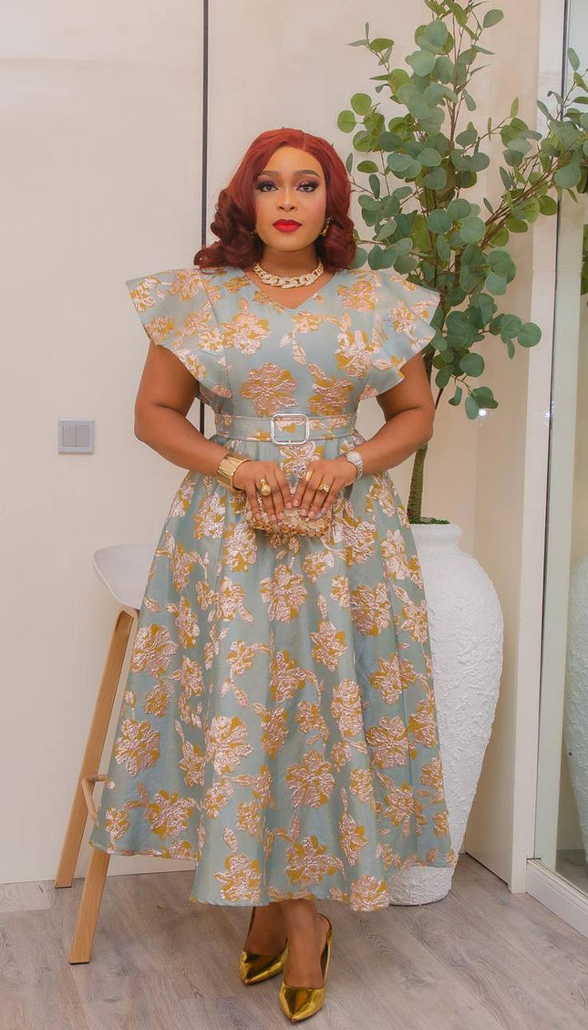 Metallic Floral Jacquard Flare Sleeve Twirl Skater Dress