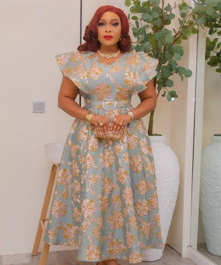 Metallic Floral Jacquard Flare Sleeve Twirl Skater Dress