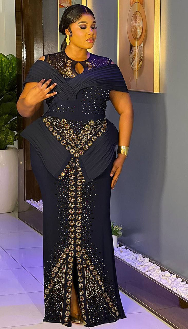 Dramatic Shoulder Embellished Peplum Maxi Dress: Wedding Guest Attire Mother of The Bride Graduation Party