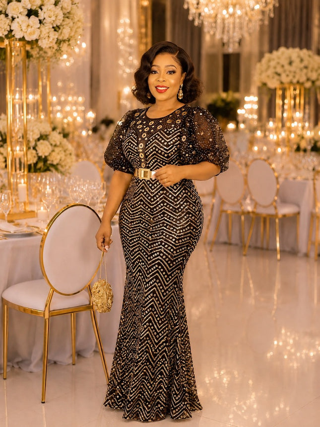 Luxury Red Sequin Puff Sleeve Maxi Dress for Wedding Guest Birthday Party Formal Evening Gown Church Anniversary Gala