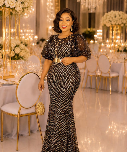 Luxury Black & Gold Sequin Puff Sleeve Maxi Dress for Wedding Guest Birthday Party Formal Evening Gown Church Anniversary Dinner