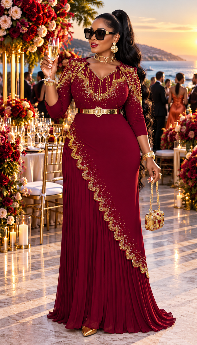 Elegant Burgundy Rhinestone Pleated Maxi Dress for Wedding Guest Cocktail Birthday Dinner Party Engagement Ceremony Mother of The Bride Outfit