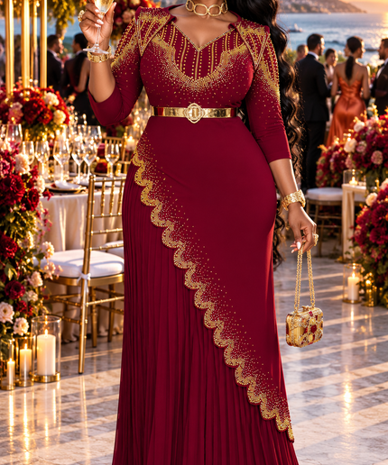 Elegant Burgundy Rhinestone Pleated Stretch Maxi Dress for Wedding Cocktail Birthday Dinner Party Engagement Ceremony