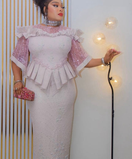 Purple Sequin Ruffle Peplum 2-Piece Skirt Set for Mother of The Bride Wedding Guest Birthday Party Cocktail Reception Church Anniversary