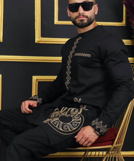 African Men's Traditional Wedding Attire, Black Embroidered Shirt & Pants Cotton 2-Piece Set, Groom Groomsmen Outfit Graduation Birthday Party