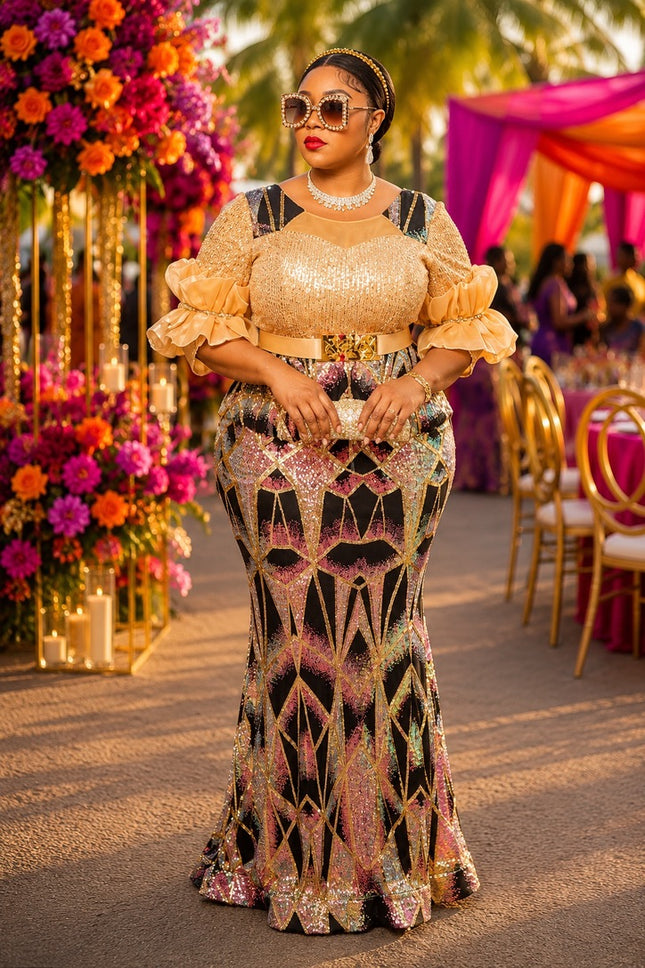 Fabulous Purple Sequin Ruffle Maxi Dress for Wedding Guest Mother of The Bride Cocktail Reception Celebrant Birthday Party Outfit Formal Evening Gown