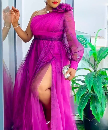 One Shoulder Tulle A-Line Maxi Gown with Slit, Mother of The Bride Plus Size Blue Summer Wedding Guest Gown Birthday Party Cocktail Gala