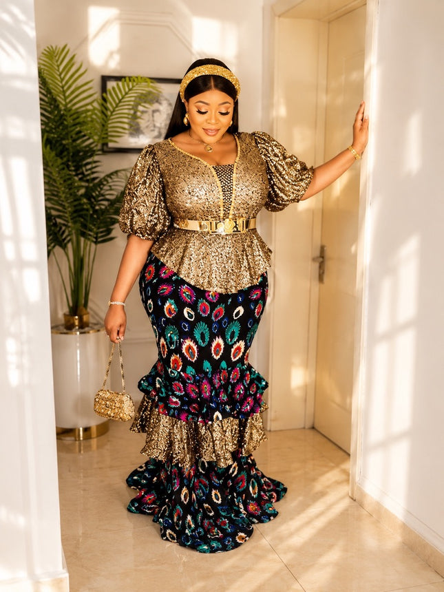 Gold Sequin Tiered Ruffle Peplum Dress for Mother of The Bride Wedding Guest Church Anniversary Holiday Cocktail Party Outfit Formal Gown