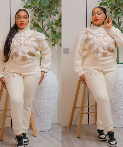 Pink Rhinestone-Embellished Sweatshirt & Jogger Pants Set, Matching 2-Piece Outfit