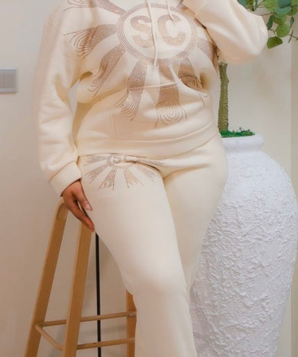 Pink Rhinestone-Embellished Sweatshirt & Jogger Pants Set, Matching 2-Piece Outfit