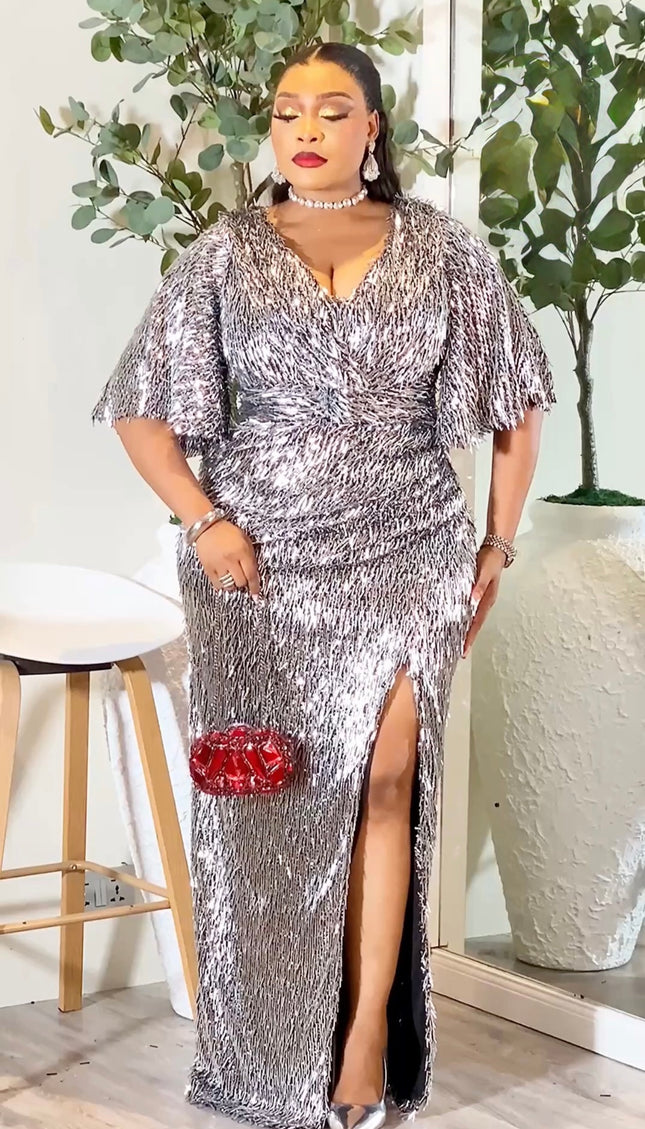 Gold Sequin Fringe Maxi Dress with Slit for Wedding Guest Birthday Party Mother of The Bride Photoshoot