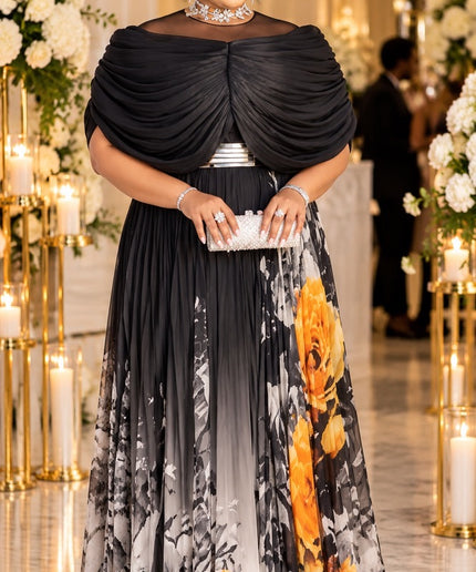 Burgundy Off-The-Shoulder Floral Pleated Maxi Dress for Wedding Guest Mother of The Bride Church Dinner