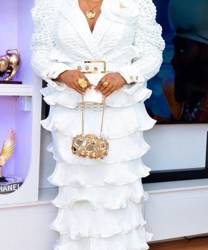 Dramatic Waterfall Ruffle Peplum White Dress for Wedding Guest Mother of The Bride or Groom  Birthday Party Dinner Cocktail Engagment Ceremony