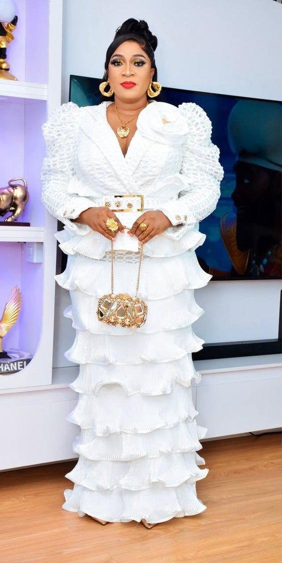 White Embellished Wedding Guest Dress Pleated Waterfall Ruffles, Birthday Party Celebrant Photoshoot, Mother of The Bride Mermaid Gown